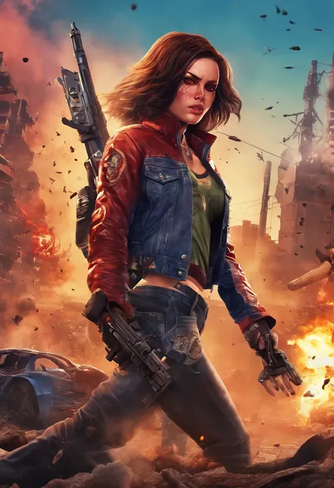 (best quality,ultra-detailed,realistic:1.37)alita battle angel,denim jacket,portraits,high contrast lighting,blue color tone,helmet,mechanical suit,expressive face,dark background,scars on face,red eyes,red hair,sharp focus,badass attitude,weapon sparks,fl...