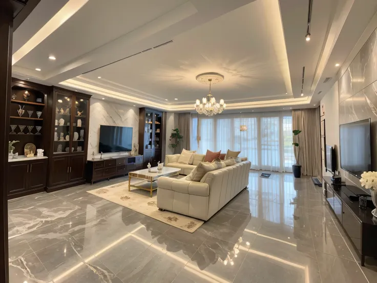 ，masterpiece, best quality，8k, ultra highres，When you step into this living room，Its like entering a fantasy fairy tale world。The ceiling is covered with twinkling stars，Its like being in the Milky Way。Through floor-to-ceiling windows，Sunlight spills on th...