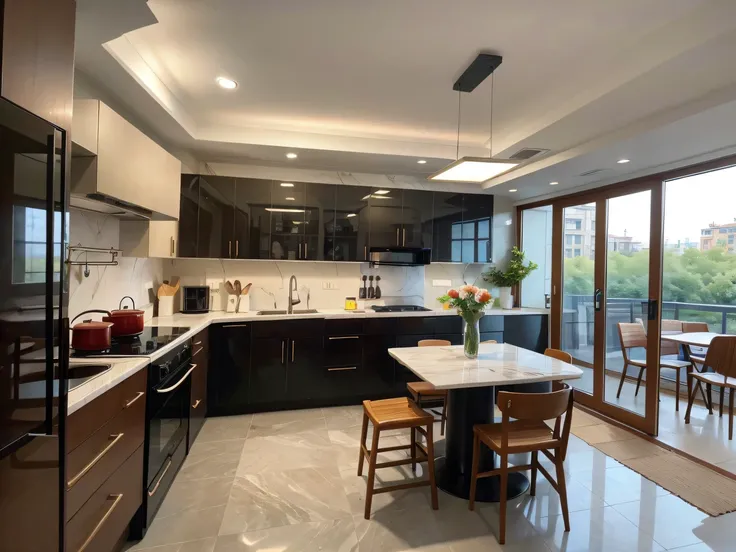 ，masterpiece, best quality，8k, ultra highres，Step into this fascinating kitchen，It is as if entering the stage of a high-end restaurant。Bright lights illuminate the entire space，Shines with modernity and luxury。Marble countertops are lined with a variety o...