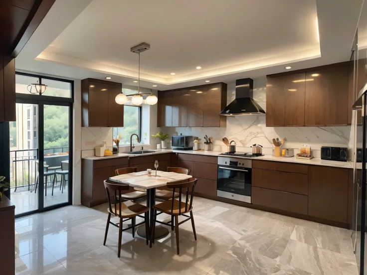 ，masterpiece, best quality，8k, ultra highres，Step into this fascinating kitchen，It is as if entering the stage of a high-end restaurant。Bright lights illuminate the entire space，Shines with modernity and luxury。Marble countertops are lined with a variety o...