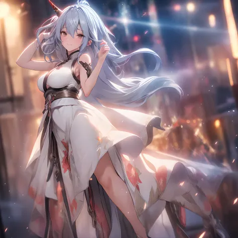 an alone girl with long red color slice gray hair , standing, china city , night time, High detail mature face, 2 short mechanic horn , mouth mask, bare leg, bare shoulder, white china dress, white glove, black boot, high res, ultra sharp, 8k, masterpiece,...