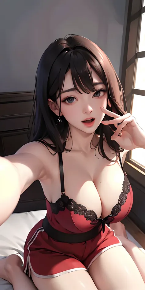 (masuter piece:1.2、top-quality)、(Real Photographics、intricate-detail)、Face Real、Breast and face enhancement that fills the screen、Real adult women、selfee、sit on a bed、Look up from below and look at us、Red Inner、Wearing shorts、Emphasis on cleavage、(Chest cl...