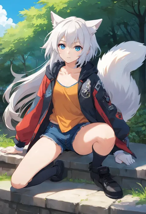 Single boy, Anime Femboy, Short, Long white hair, wolf ears, wolf tail, blue eyes, wearing short shorts, thigh high socks, black combat boots, open jacket, flat chest, super flat chest, wearing lingerie top, solo femboy, only one femboy ((FLAT CHEST))