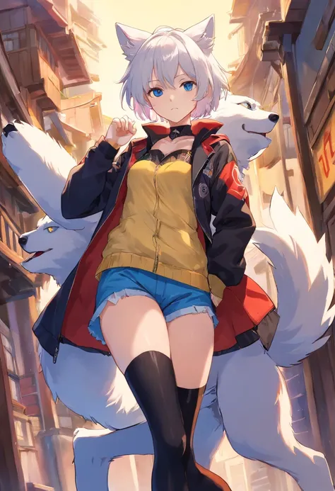 Single boy, Anime Femboy, Short, Long white hair, wolf ears, wolf tail, blue eyes, wearing short shorts, thigh high socks, black combat boots, open jacket, flat chest, super flat chest, wearing lingerie top, solo femboy, only one femboy ((FLAT CHEST))