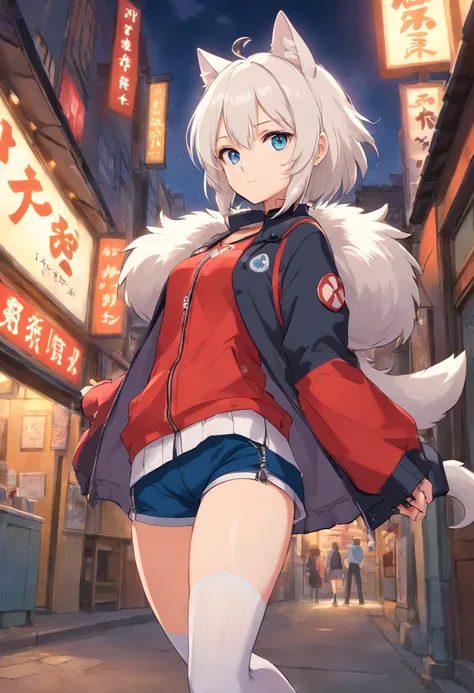 Single boy, Anime Femboy, Short, Long white hair, wolf ears, wolf tail, blue eyes, wearing short shorts, thigh high socks, black combat boots, open jacket, flat chest, super flat chest, wearing lingerie top, solo femboy, only one femboy ((FLAT CHEST))