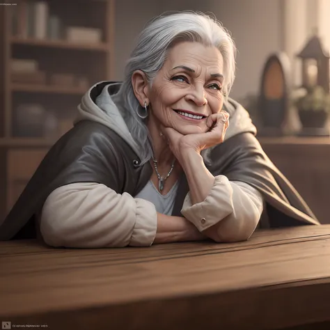 Photorealistic, Highest quality, RAW photo, Solo middle-aged woman (Medium shot) photore (A mixture of a troll and a woman, Baba Yaga, The witch is 60 years old: 1.4), Strong physique sits at the table (mocking smile: 1.4), (Place one hand on your cheek: 1...