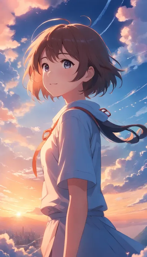 masterpiece, best quality, movie still, 1girl, cloud girl, floating in the sky, close-up, bright, happy, warm soft lighting, sunset, (sparks:0.7)