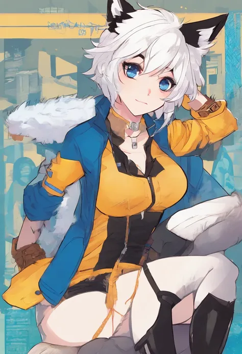 Single boy, Anime Femboy, Short, Long white hair, wolf ears, wolf tail, blue eyes, wearing short shorts, thigh high socks, black combat boots, open jacket, flat chest, super flat chest, wearing lingerie top, solo femboy, only one femboy ((FLAT CHEST))