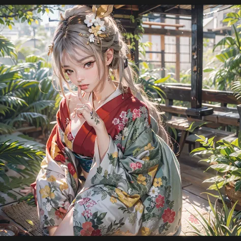 masutepiece, High resolution，Best Quality，High Definition, Perfect composition, Perfect face, Perfect body, Golden ratio, 8K，in the edo era，Himeji Castle in the background，Red kimono，Off-shoulder，Navel，zettai_ryouiki，Cinematic lighting，Mystical light，(Full...