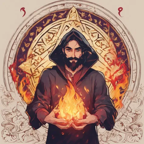 Mago com o rosto Oculto, Dark aesthetic, holding flames in his hands, simbolos triangulares, personagem rpg