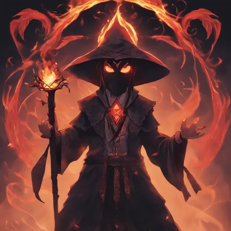 Mago com o rosto Oculto, Dark aesthetic, holding flames in his hands, simbolos triangulares, personagem rpg