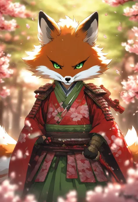 The cutest and noble fox samurai warrior, green eyes, highly detailed red samurai armor with mounted battle flag, tattoos and piercings, cherry blossoms blowing in the wind, sengoku battle, perfect masterpiece, high quality, high resolution