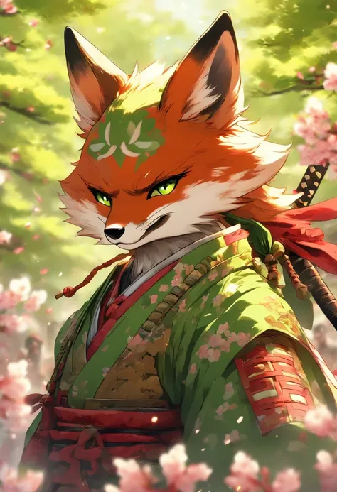 The cutest and noble fox samurai warrior, green eyes, highly detailed red samurai armor with mounted battle flag, tattoos and piercings, cherry blossoms blowing in the wind, sengoku battle, perfect masterpiece, high quality, high resolution