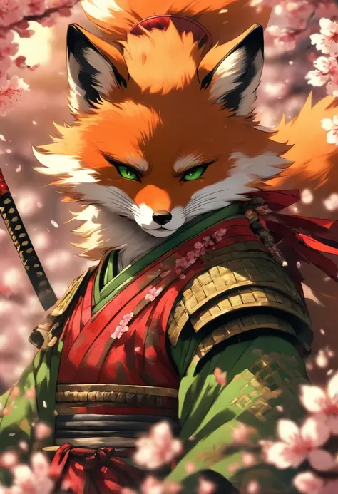 The cutest and noble fox samurai warrior, green eyes, highly detailed red samurai armor with mounted battle flag, tattoos and piercings, cherry blossoms blowing in the wind, sengoku battle, perfect masterpiece, high quality, high resolution