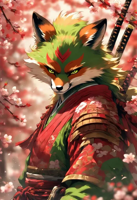 The cutest and noble fox samurai warrior, green eyes, highly detailed red samurai armor with mounted battle flag, tattoos and piercings, cherry blossoms blowing in the wind, sengoku battle, perfect masterpiece, high quality, high resolution