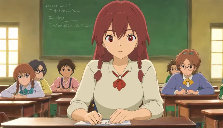 In the classroom，The teacher is lecturing the students，Beautiful teacher，closeup cleavage，The eyes are sharply focused