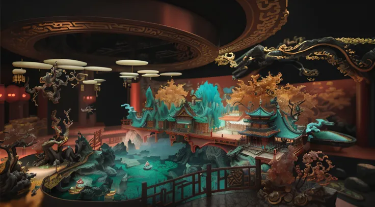 A Chinese palace，Beautiful rendering of the Tang Dynasty, highly detailed surreal vfx, intricate ornate anime cgi style, japonisme 3 d 8 k ultra detailed, highly detailed vfx scene, Features a miniature indoor lake, Chinese fantasy, fantasy style 8 k octan...