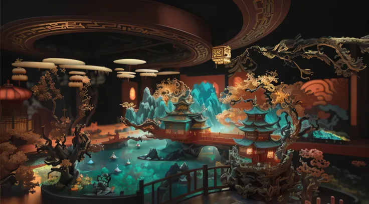 A Chinese palace，Beautiful rendering of the Tang Dynasty, highly detailed surreal vfx, intricate ornate anime cgi style, japonisme 3 d 8 k ultra detailed, highly detailed vfx scene, Features a miniature indoor lake, Chinese fantasy, fantasy style 8 k octan...