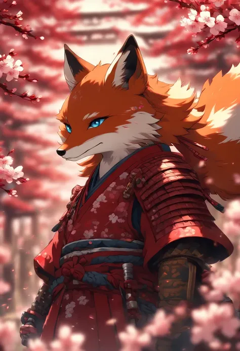 The cutest and noble fox samurai warrior, blue eyes, highly detailed red samurai armor with mounted battle flag, tattoos and piercings, cherry blossoms blowing in the wind, sengoku battle, perfect masterpiece, high quality, high resolution