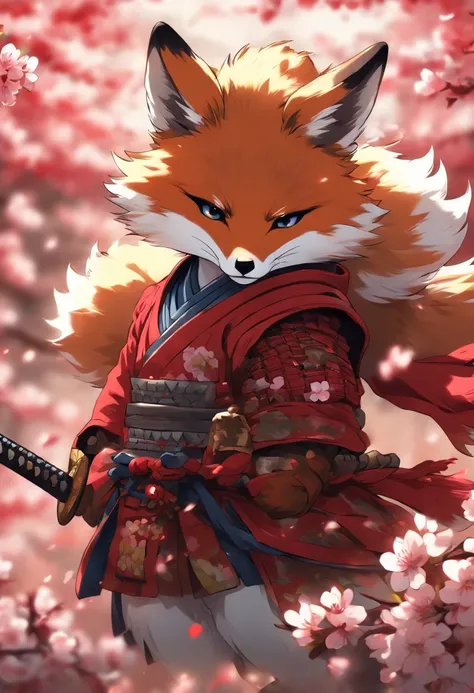 The cutest and noble fox samurai warrior, blue eyes, highly detailed red samurai armor with mounted battle flag, tattoos and piercings, cherry blossoms blowing in the wind, sengoku battle, perfect masterpiece, high quality, high resolution