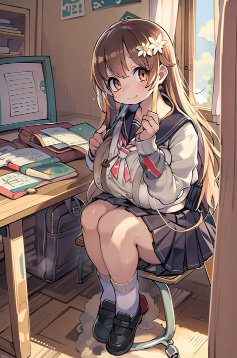 ((masutepiece, Best Quality)),Best aesthetic,1girl in, School uniform, desk work, Sitting, School Desk, Brown hair, crass room, Long hair, Indoors, Chair, Looking at Viewer, :P, Solo Focus, Brown eyes, Skirt, Long sleeves, Pencil, 1 boy, pencil case, paper...