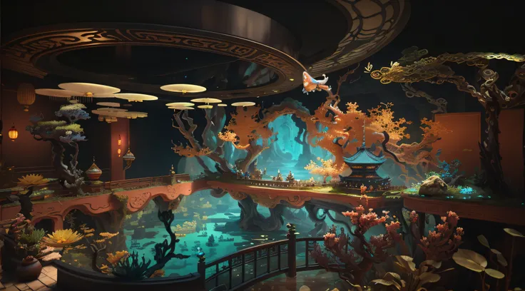 There is a large aquarium，There is a lot of water and plants inside, the empress’ swirling gardens, Beautiful rendering of the Tang Dynasty, highly detailed surreal vfx, intricate ornate anime cgi style, japonisme 3 d 8 k ultra detailed, highly detailed vf...