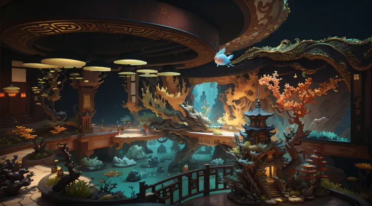 there is a large aquarium，there is a lot of water and plants inside, the empress’ swirling gardens, beautiful rendering of the t...