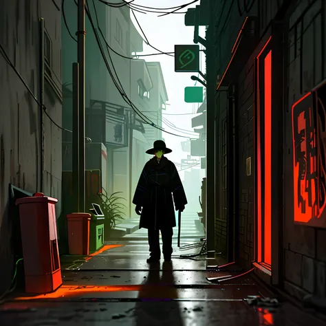 Surreal and very detailed illustration of the entrance to the dark alley house number "Soul Street"，A man stands in front of the alley，Behind him appeared a huge bright red mighty domineering martial general, the shadow of the dirty and cracked concrete st...