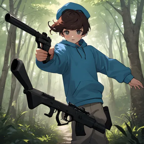 boy with bangs in a forest wearing a blue sweatshirt and a red cap and shooting into the air with a gun