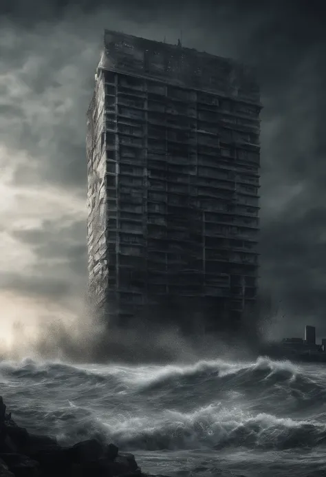 Create a cinematic cityscape，Towering tsunami waves pound the city skyline. The lens should capture the absolute power and destructive power of the wave, The building in the foreground is partially submerged, debris flying, and the feeling that disaster is...