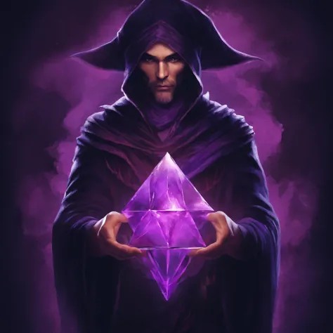 Dark Rpg Mage Holding a Purple Triangle in hands, with a dark background