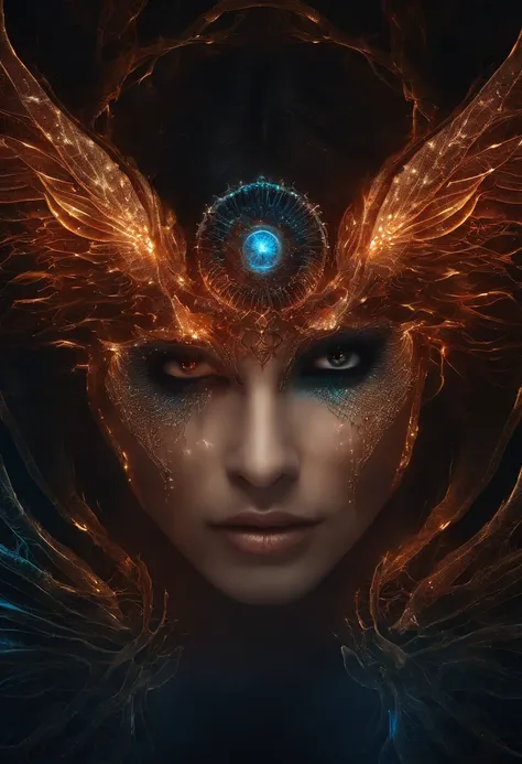 Fallen Angels of the Universe, radiant eyes, biomechanical, eery, creepy, nightmarish, Very bright colors, light Particle, bio luminescent, Diabolical, Wallpaper Art, UHD Wallpapers、Luminous Eyes、Spell casting