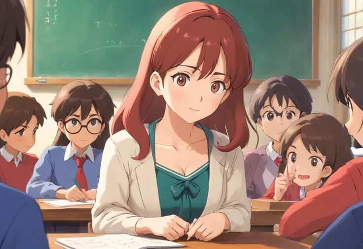 In the classroom，The teacher is lecturing the students，Beautiful teacher，closeup cleavage，sharp focus on eyes