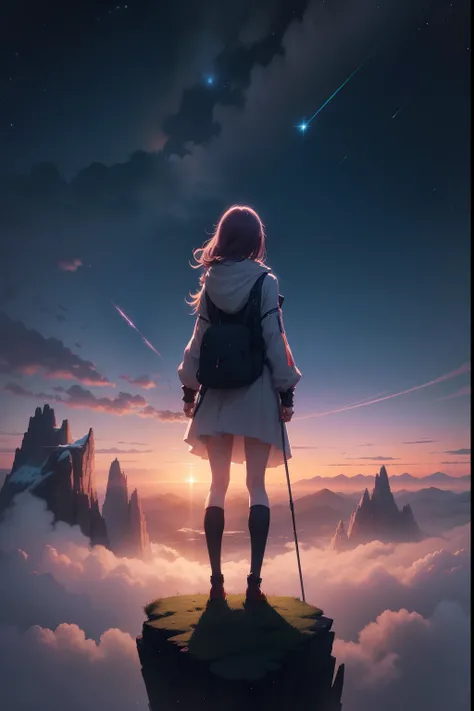 female anime character, standing on a small ledge of land in the distance, with her back turned, looking at the stars, starry sky, landscape of a beautiful open field with mountains in the background, without looking at the camera, serial art, anime digita...