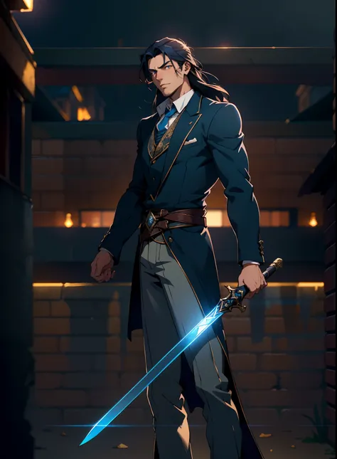 A young man with deep blue long hair, cold and resolute eyes, a slender face, handsome features, stands tall in front of a decrepit ancient city under the night sky, exudes a dignified demeanor, he wears a two-piece Western-Eastern hybrid black suit coat, ...