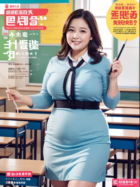 Teachers Day magazine cover，Teachers Day Special Issue，Beautiful slightly chubby female teacher in the classroom，Whip in hand，In the classroom，The teacher is lecturing the students