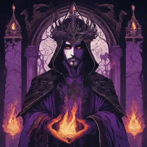 Um Mago das Trevas de RPG, Holding flames in both hands, His face is behind a magic triangle in purple color