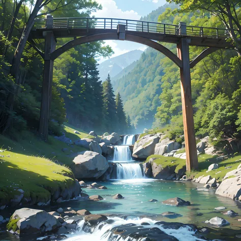 view of a river with clear water with a strong current and rocks, above which there is a wooden suspension bridge, 8k, printablr --auto