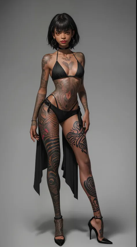 Close-up of 1 18 year old girl,Her face was covered with tattoos ((african american)), ((cabelos preto e longos,By bangs)), ssmile,((There are various tattoos on the face)), Fleshy lips,largeeyes,freckles on face ,red lipsticks,( Itching of the lips),choke...