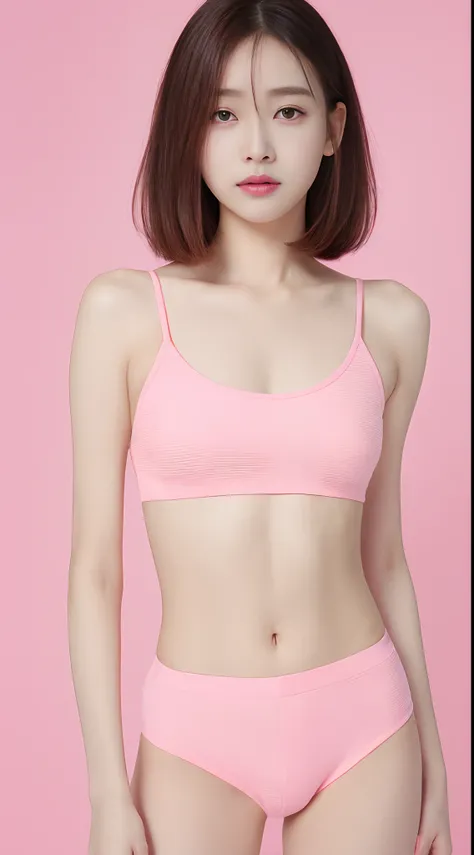 top-quality、​masterpiece、超A high resolution、super model、Shoulder-chest portrait photo、pink crop top hoodie、Pink underwear、Petite bust、Dynamic fashion poses、(真实感:1.8)、OriginalPhotographs、1girl in、bare shoulders​、Model body type、small tits、Pink gradient hair