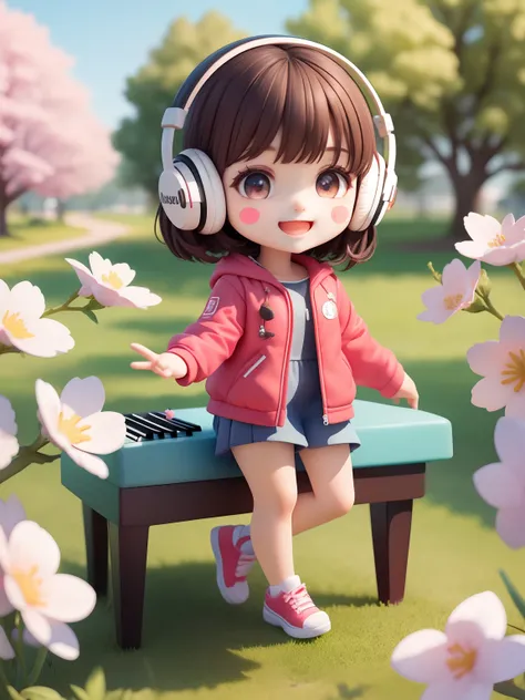 (masterpiece),(best quality),(ultra-detailed), (full body:1.2), solid background 1girl, chibi,cute, smile, open mouth, outdoors, playing ((piano)),music, jacket, blush, tree, :3, shirt, short hair, cherry blossoms, blurry, brown hair, blush stickers, long ...