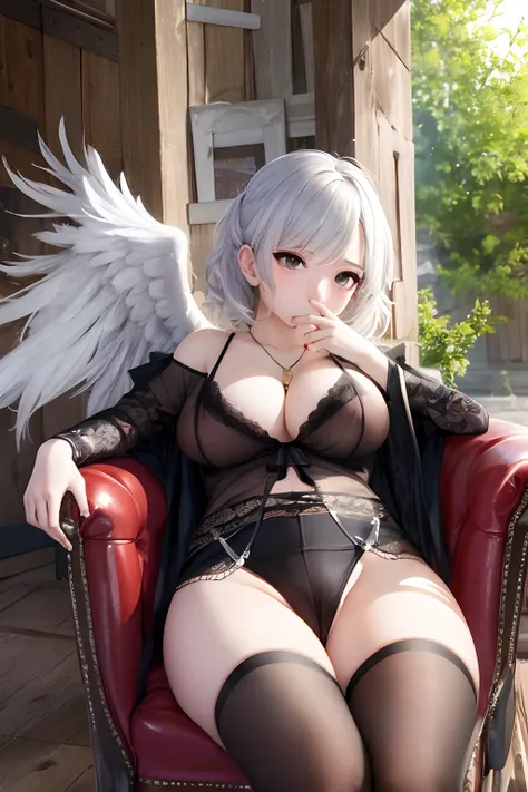 ​masterpiece, top-quality, 1girl in、Sagume, Silver-haired medium hair,Silver eyes,、One Wings of an Angel、Colossal tits、A slender、fullnude、It is dripping with the mouth open and the tongue sticking out、Im sitting in a chair、full body seen、Face during estrus...