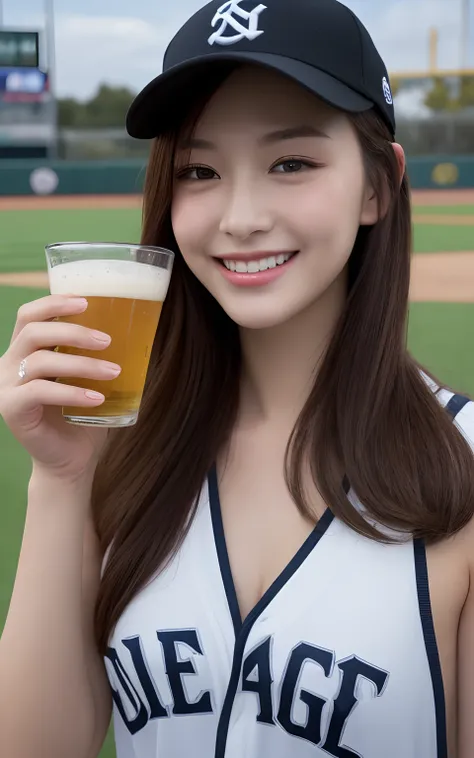 (top-quality、8k、​masterpiece:1.3)、Beautiful Women in Perfect Figure:1.4、dark brown hair、Wearing a baseball hat、wearing a swimming wear、At the baseball field、extremely detailed face and skin、A detailed eye、huge tit、a smile、Holding a cup of draft beer in his...