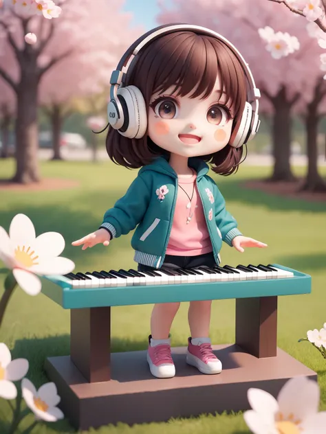 (masterpiece),(best quality),(ultra-detailed), (full body:1.2), solid background 1girl, chibi,cute, smile, open mouth, outdoors, playing ((piano)),music, jacket, blush, tree, :3, shirt, short hair, cherry blossoms, blurry, brown hair, blush stickers, long ...