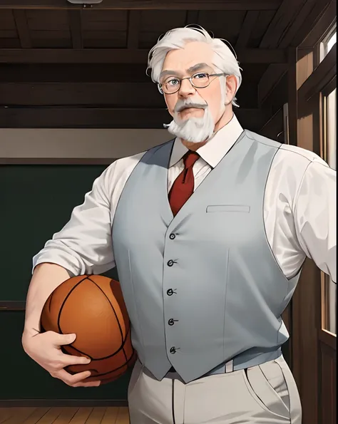 Fat Colonel Sanders with glasses and a white mustache, Wear a shirt and tie, in school gym, Brightly lit by natural light, Realistic colors, High resolution, with detailed facial features, Including beautifully detailed eyes, Detailed lips, and long eyelas...