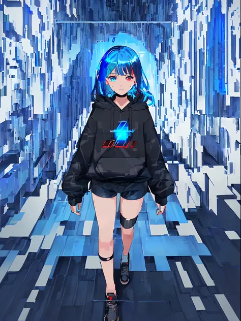 (one girls, About 10 years old, Straight in front, Blue hair, Long hair, Futuristic clothes, Black hoodie, Black shorts:1.2), (Heterochromic, Blue Eye, Red Eye:1.4), (widely opened eyes, is crying, Tears from the eyes:1.3), (Broken background, dark backgro...