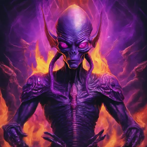 Um Mago das Trevas de RPG, Holding flames in both hands, His face is behind a magic triangle in purple color