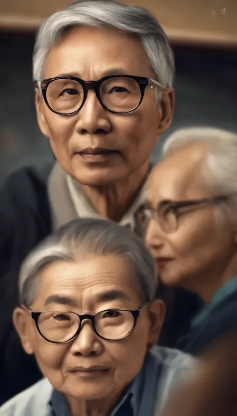 In the classroom，The teacher is lecturing the students，Gray-haired old teacher，Asian people，wears glasses，closeup cleavage，sharp focus on eyes，8K，super-fine，oil painted，Hyper-realistic，best qualtiy