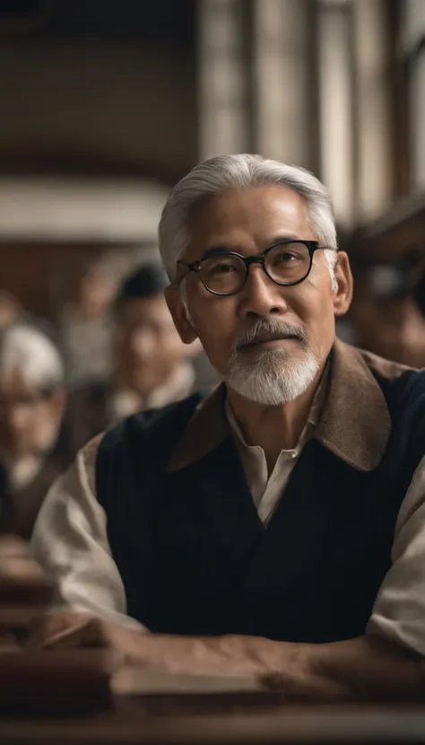 In the classroom，The teacher is lecturing the students，Gray-haired old teacher，Asian people，wears glasses，closeup cleavage，sharp focus on eyes，8K，super-fine，oil painted，Hyper-realistic，best qualtiy