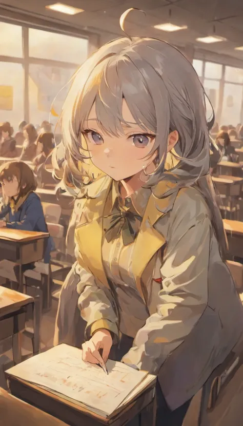 In the classroom，The teacher is lecturing the students，Gray-haired old teacher，Asian people，wears glasses，closeup cleavage，sharp focus on eyes，8K，super-fine，oil painted，Hyper-realistic，best qualtiy